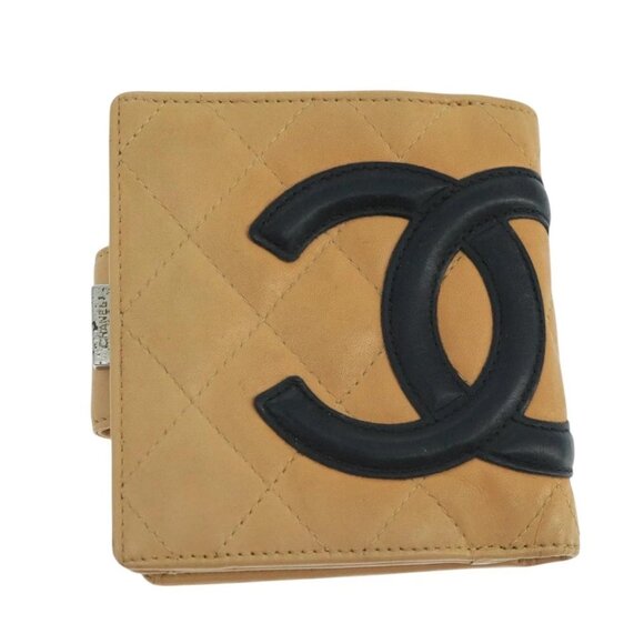 CHANEL Cambon Line Wallet Leather Beige Black CC Auth 104762 - Picture 1 of 16